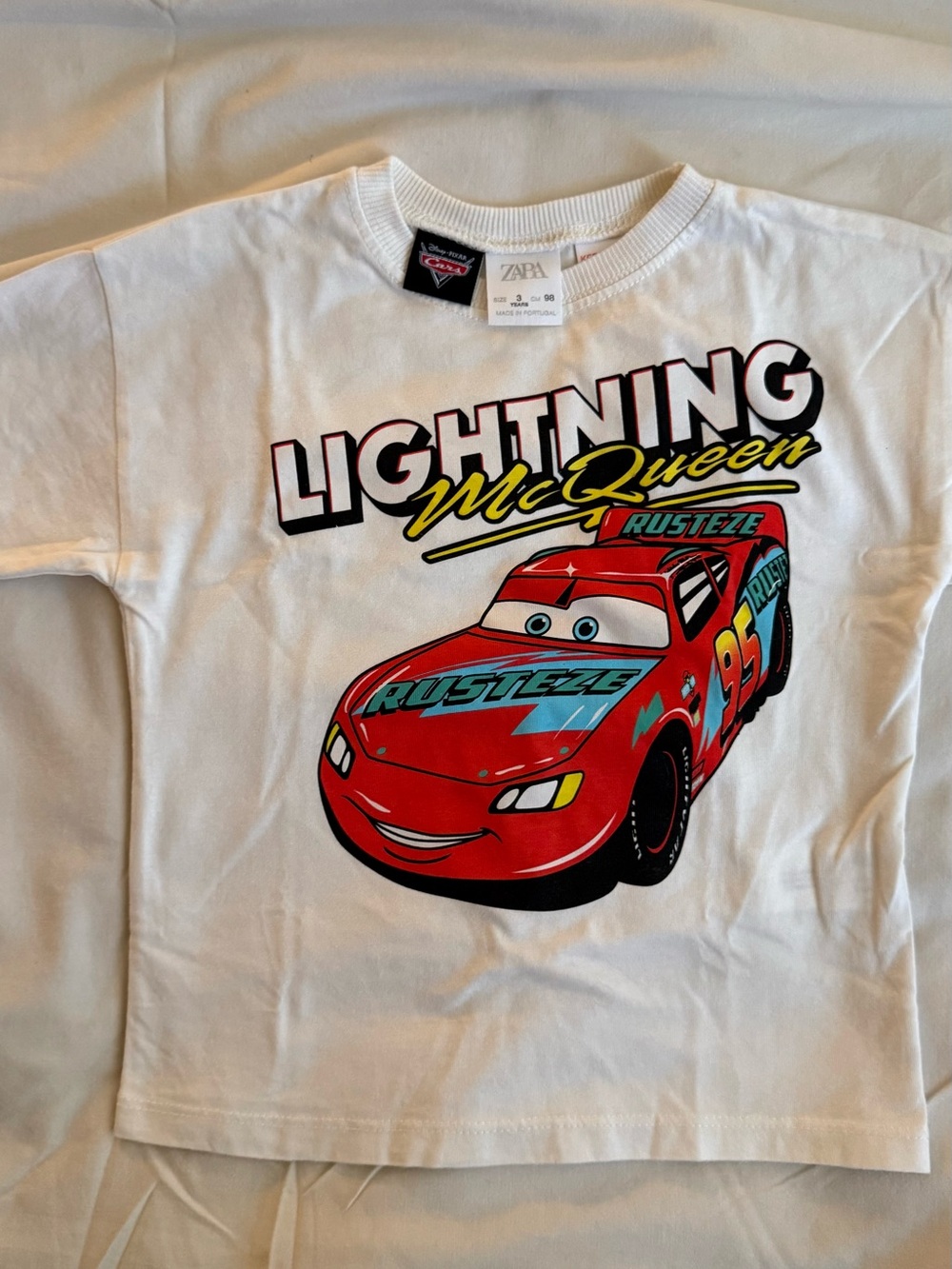 Zara White Lightning McQueen Cars Graphic Tee - Red, Yellow, Blue